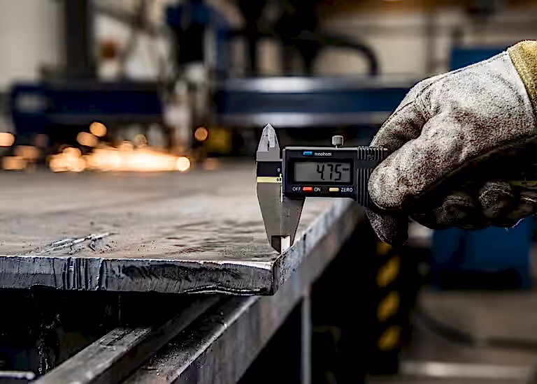 Sac ağırlık hesaplaması öncesi dijital kumpas ile hassas sac kalınlık ölçümü ve kalite kontrol.