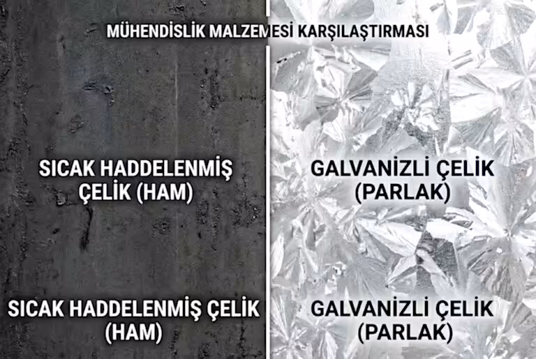 Solda mat yüzeyli siyah sac, sağda parlak ve paslanmaz galvanizli sac yüzey dokusu karşılaştırması